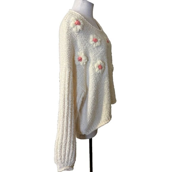 Anthropologie POL Sweater Top Medium M Cream Pink Flower Puffs Washable NEW - Picture 5 of 13